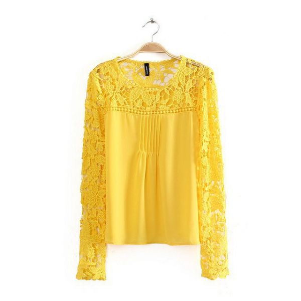 Camisas Amarela Chiffon Lace Crochet Floral Sheer