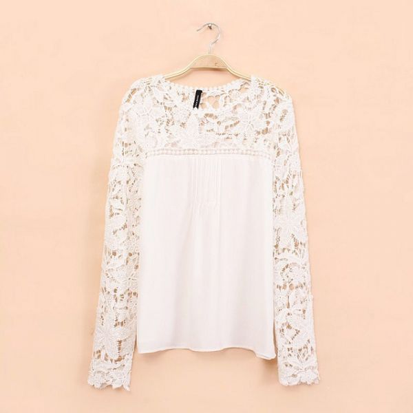 Camisas Branca Chiffon Lace Crochet Floral Sheer