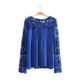 Camisas Azul  Chiffon Lace Crochet Floral Sheer